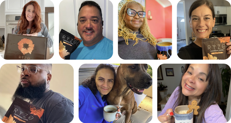 A collage of seven lifestyle photos showing different people holding or holding next to a bag of RYZE coffee. The people are smiling and showing the product in various home kitchen and living environments, with one photo featuring a dog.