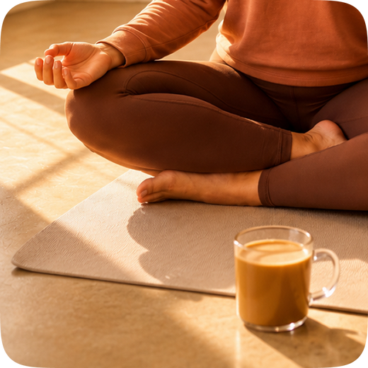 A person in a meditative lotus pose on a yoga mat, wearing a rust-orange sweatshirt and brown leggings, with a glass mug of iced coffee in the foreground on a warm, sunlit floor.