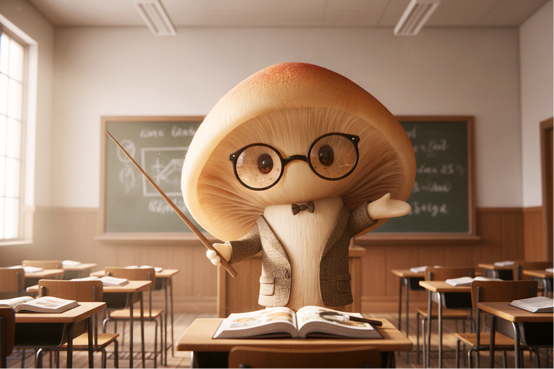 A whimsical mushroom character wearing round black glasses, a small bow tie, and a blazer stands in a classroom holding a pointer. The scene includes desks, chalkboard, and books, rendered in a warm, illustrated style.