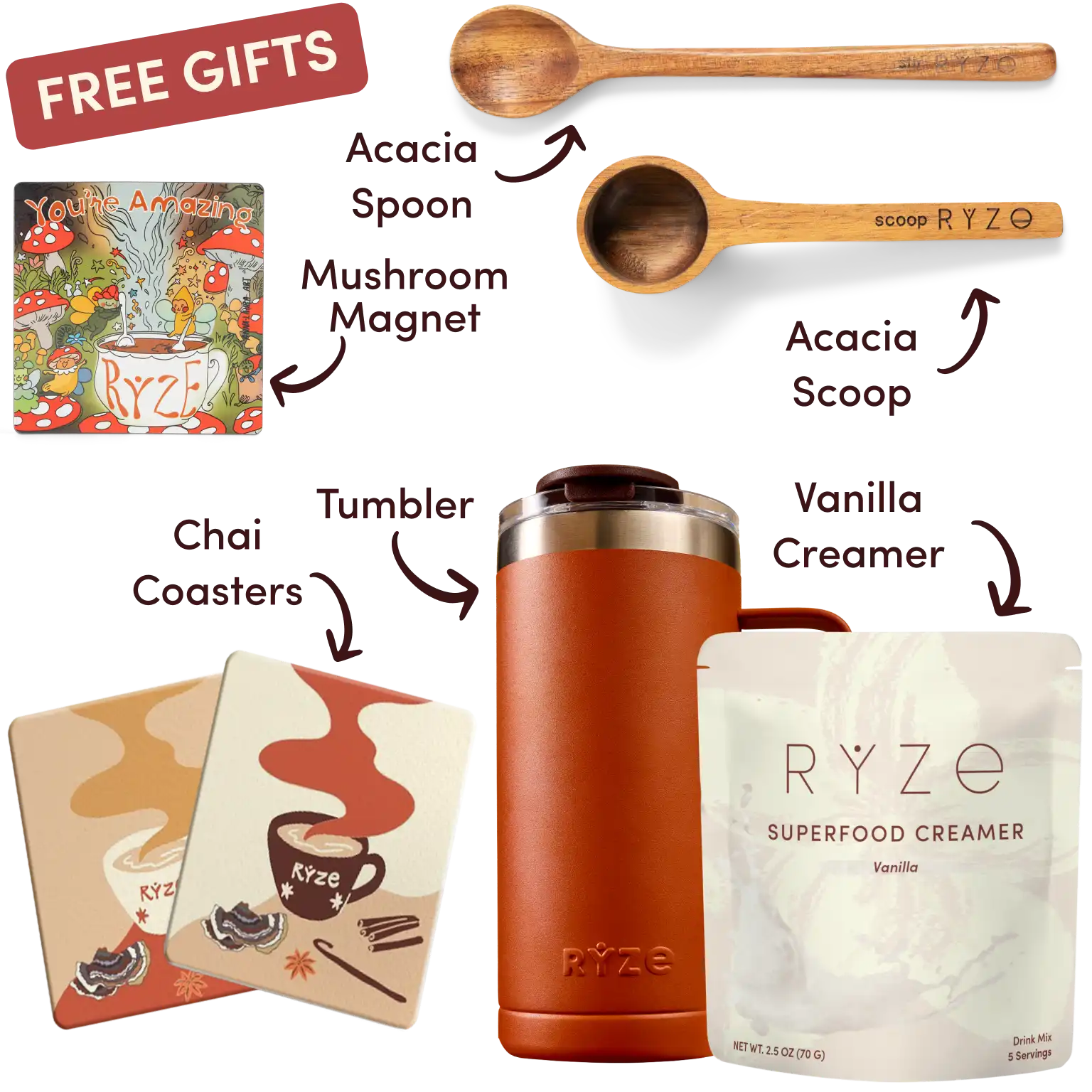 Mushroom hot cocoa, acacia spoon and scoop, coasters, and mushroom magnet with text labels.