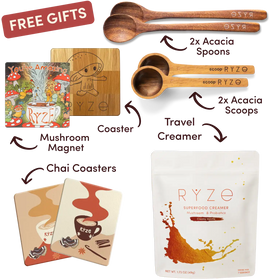 Promotional image of RYZé products including acacia spoons, travel creamer, mushroom magnet, and coasters.