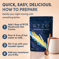 Promotional graphic for RYZE Mushroom Hot Cocoa showing a dark blue pouch with a yellow and blue brushstroke design, alongside a white mug with a wooden spoon and step-by-step preparation instructions on a beige background.