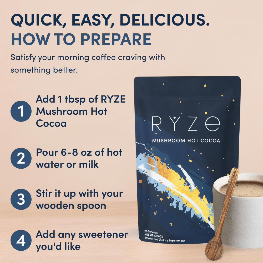 Instructions on how to prepare Mushroom Hot Cocoa., written in light and dark blue text with an image of the blue mushroom hot cocoa pouch.