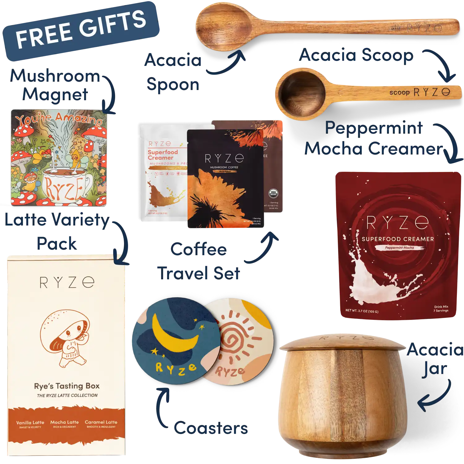 Collection of Ryze products including cocoa, spoon, scoop, coasters, and a mushroom-themed magnet.