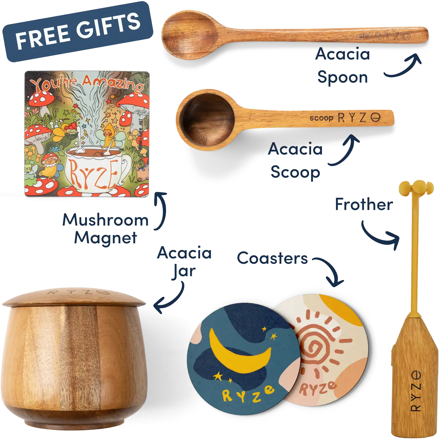 Collection of Ryze products including cocoa, spoon, scoop, coasters, and a mushroom-themed magnet.