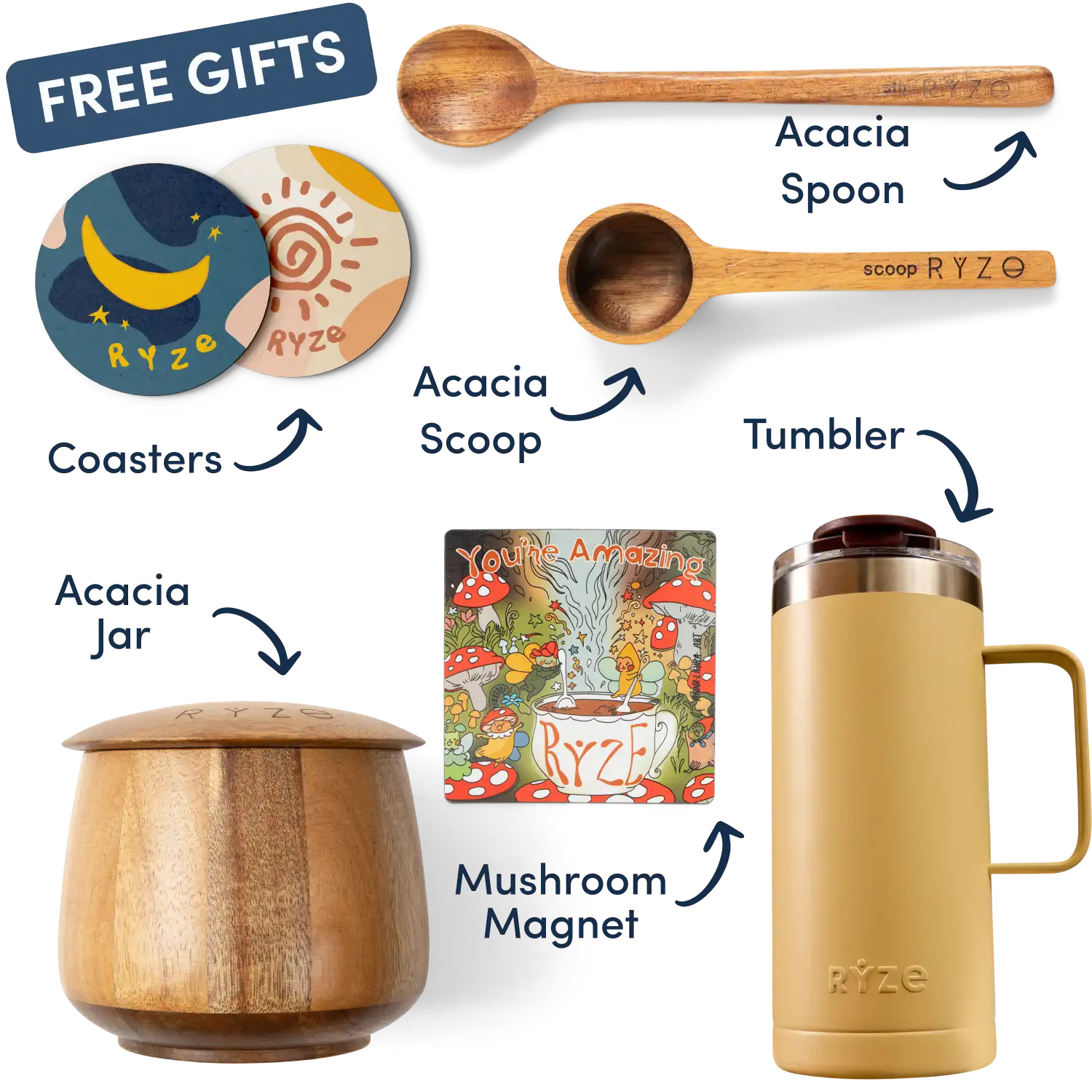 Collection of Ryze products including cocoa, spoon, scoop, coasters, and a mushroom-themed magnet.