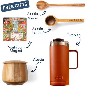 Collection of RYZE products including a tumbler, wooden jar, acacia spoon and scoop, mushroom magnet, and a card with a mushroom design on a white background.