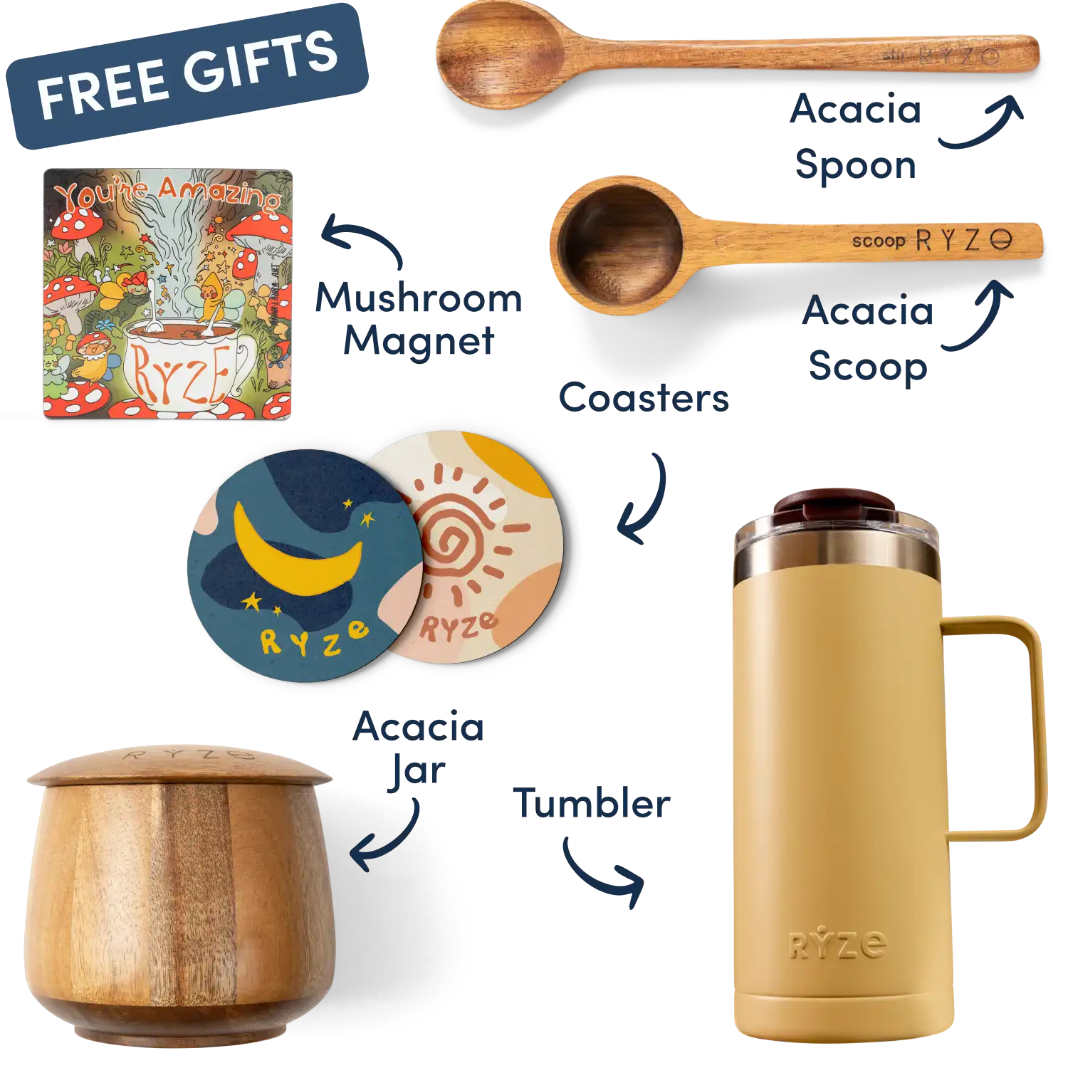 Collection of Ryze products including cocoa, spoon, scoop, coasters, and a mushroom-themed magnet.