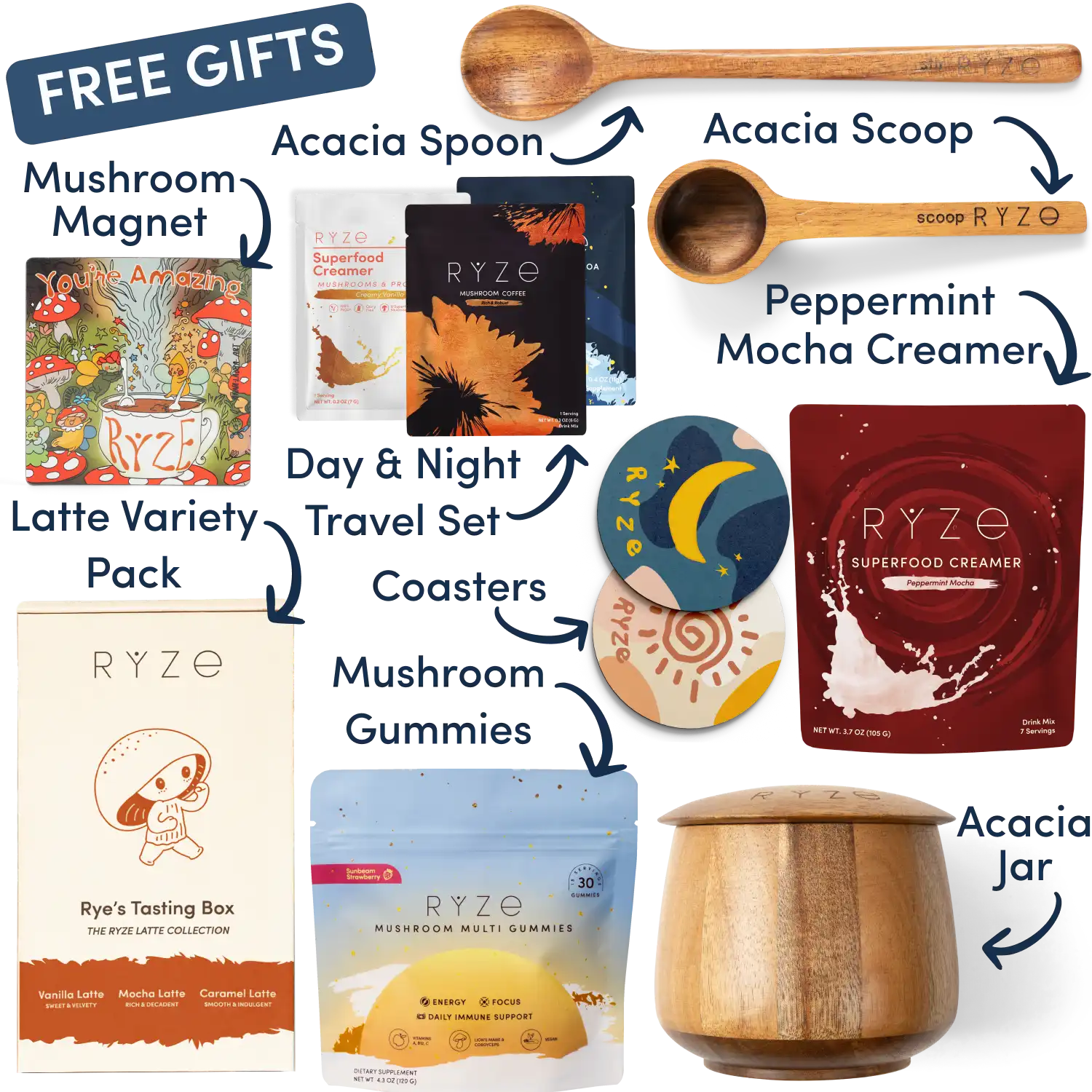 Collection of Ryze products including cocoa, spoon, scoop, coasters, and a mushroom-themed magnet.