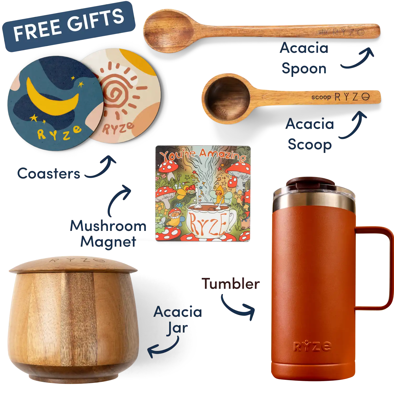 Collection of Ryze products including cocoa, spoon, scoop, coasters, and a mushroom-themed magnet.