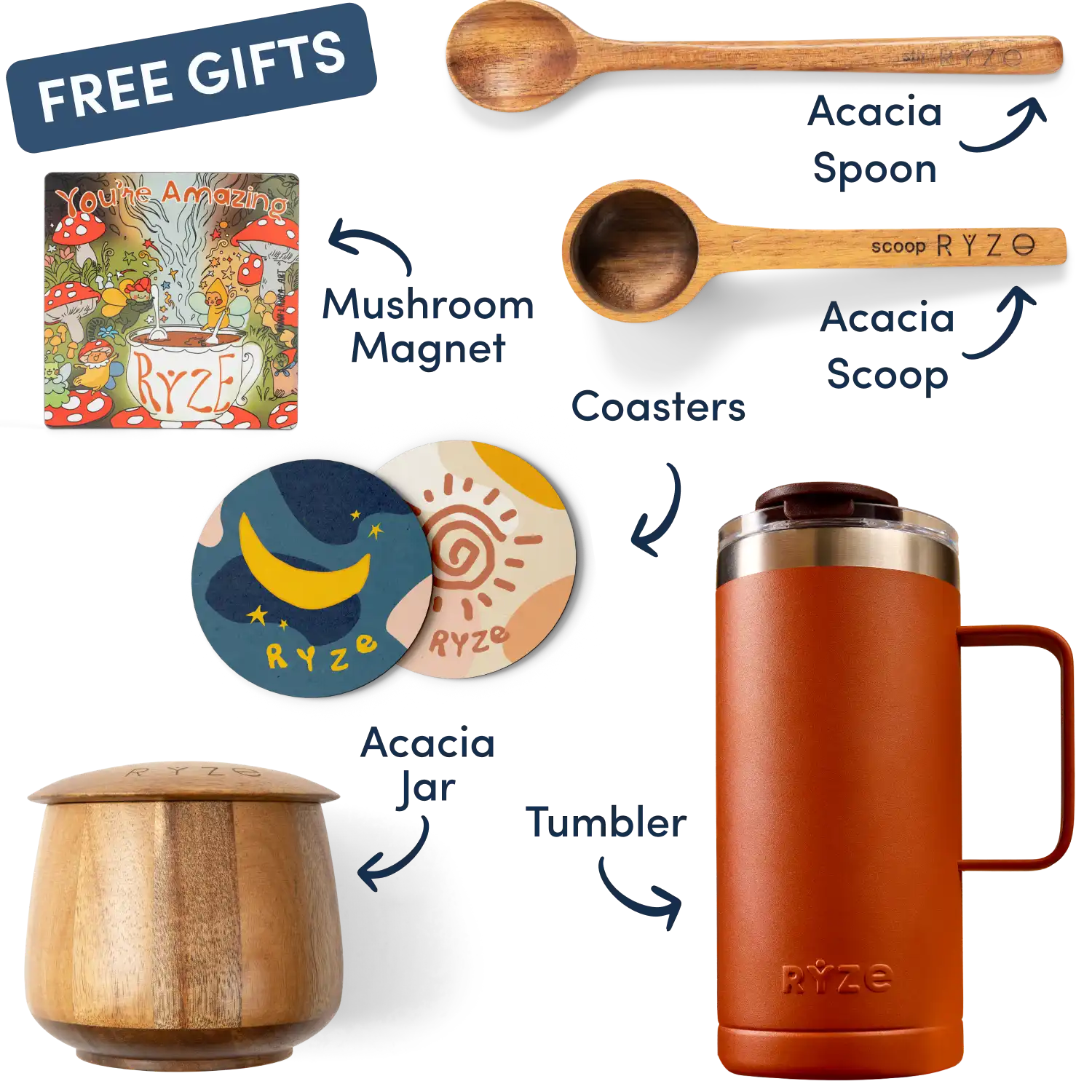 Collection of Ryze products including cocoa, spoon, scoop, coasters, and a mushroom-themed magnet.