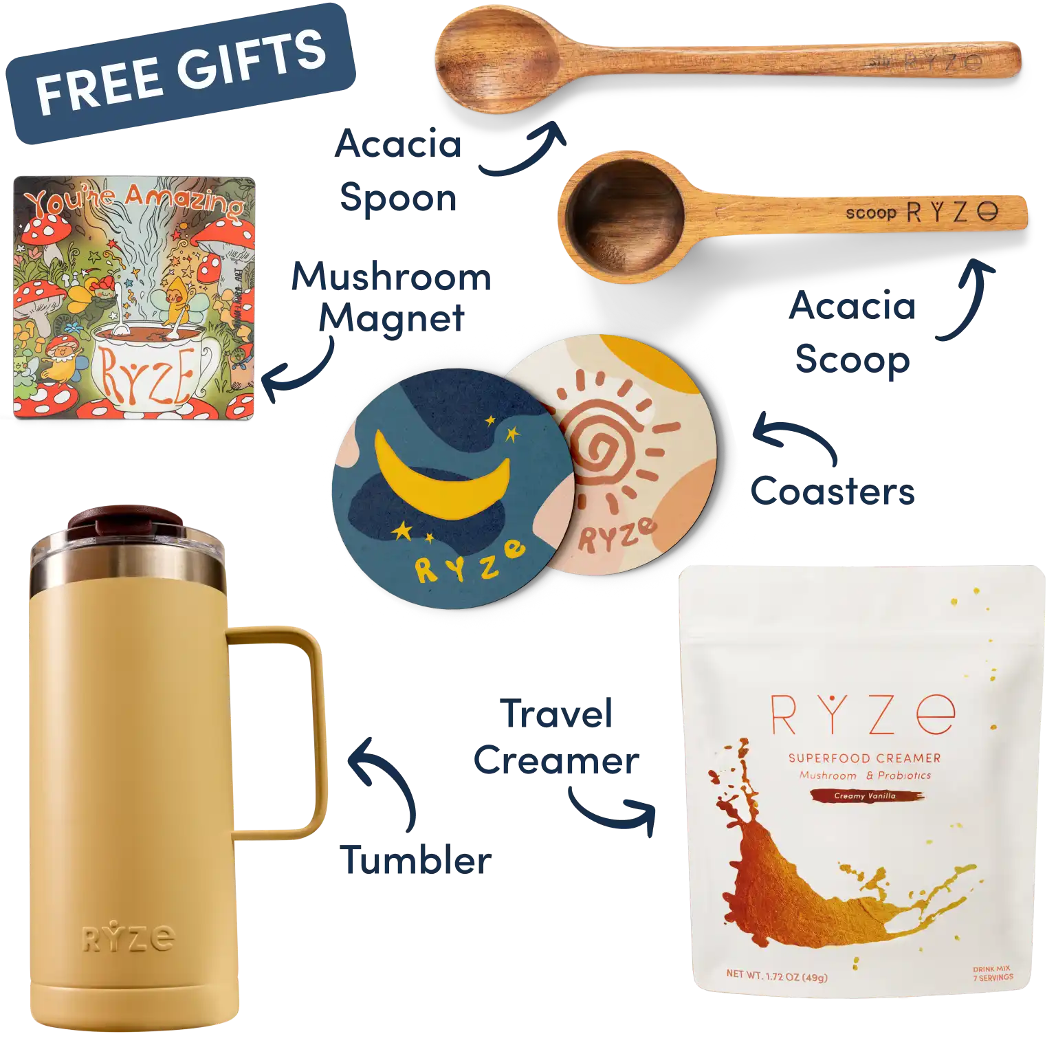 Collection of Ryze products including hot cocoa, wooden utensils, coasters, and a mushroom-themed magnet.