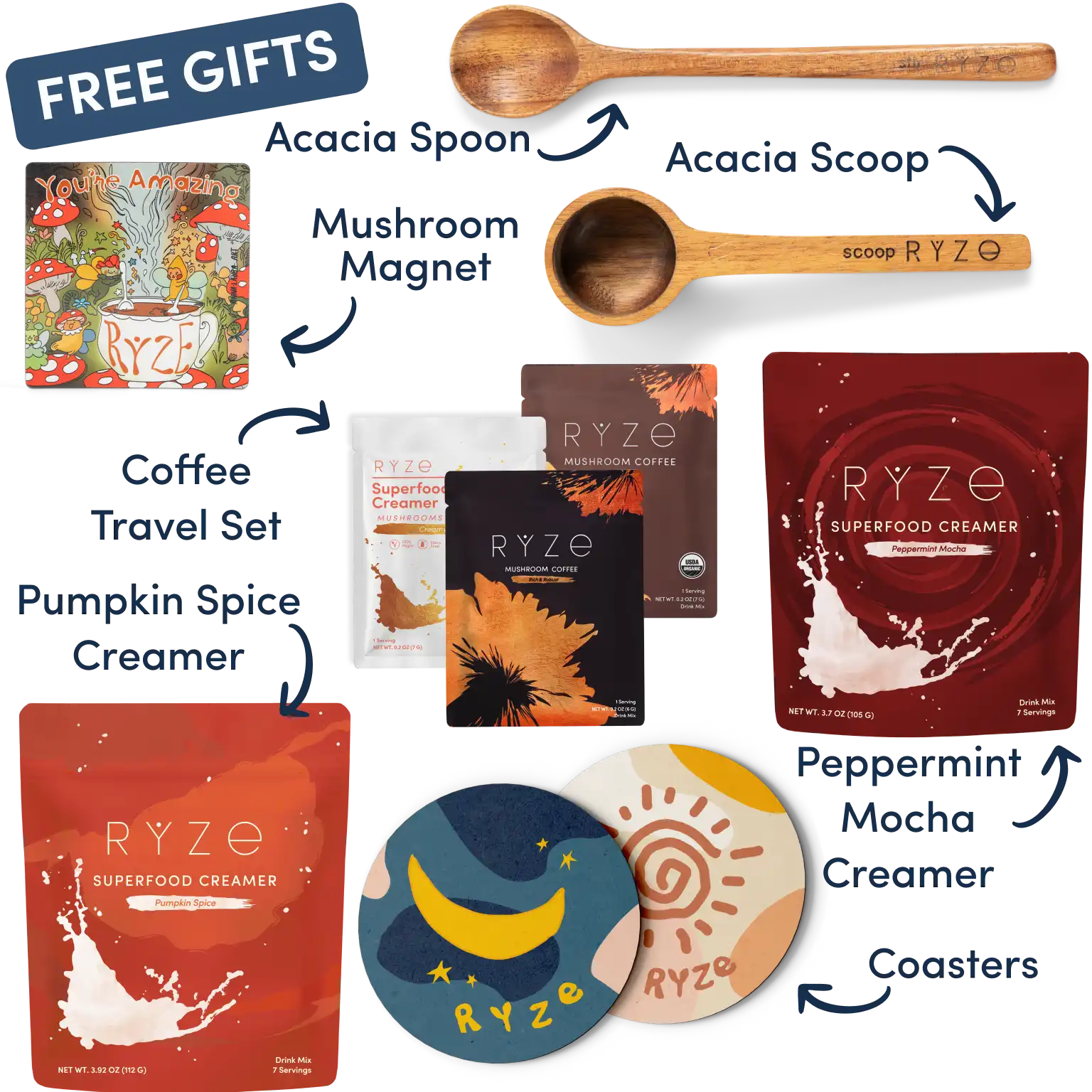 Collection of Ryze products including hot cocoa, wooden utensils, coasters, and a mushroom-themed magnet.