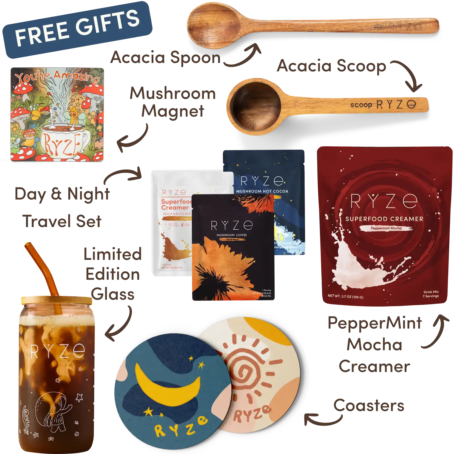 Collection of Ryze products including hot cocoa, wooden utensils, coasters, and a mushroom-themed magnet.