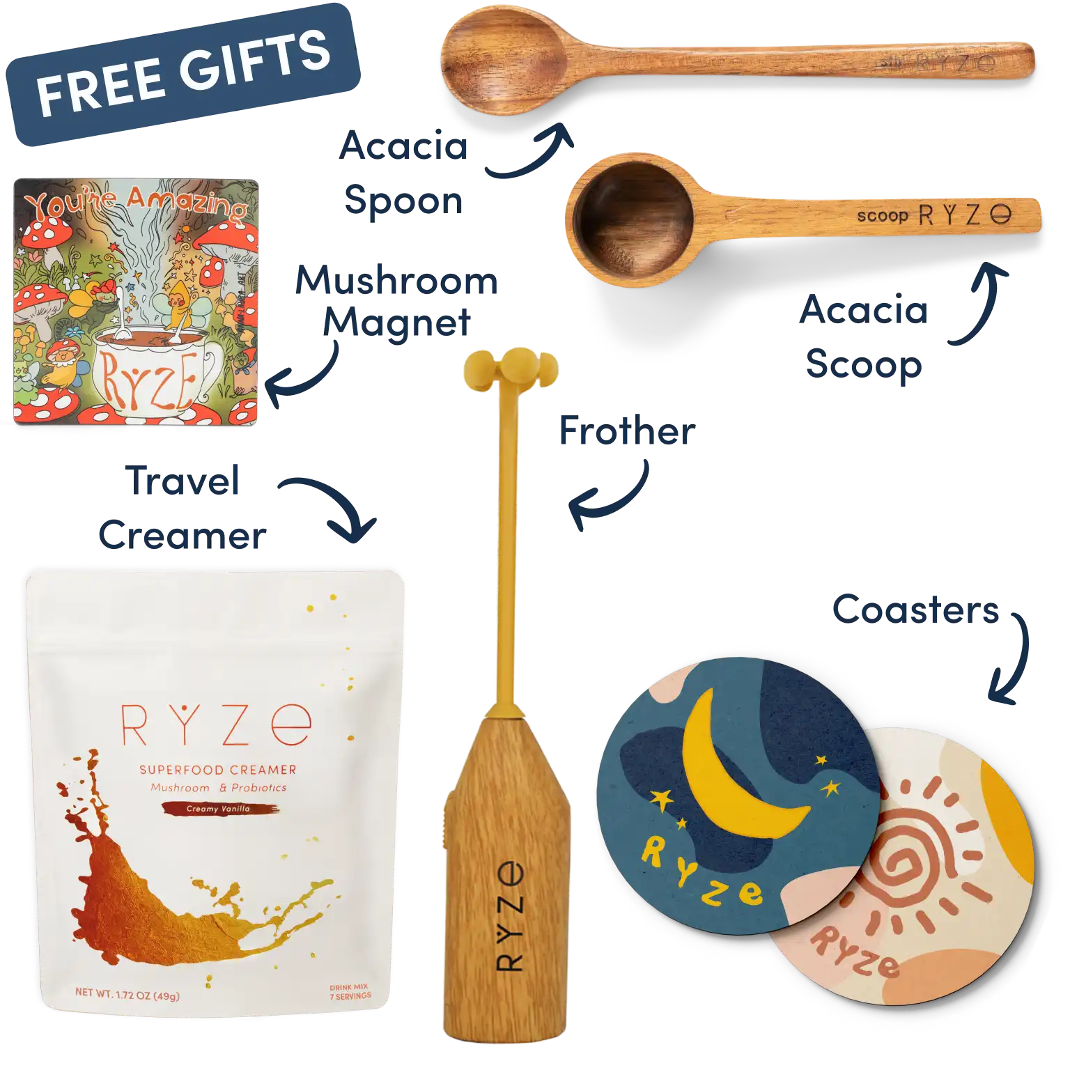 Collection of Ryze products including hot cocoa, wooden utensils, coasters, and a mushroom-themed magnet.