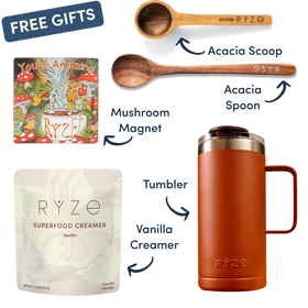 RYZE product set with tumbler, superfood creamer, mushroom magnet, and acacia spoon on a white background