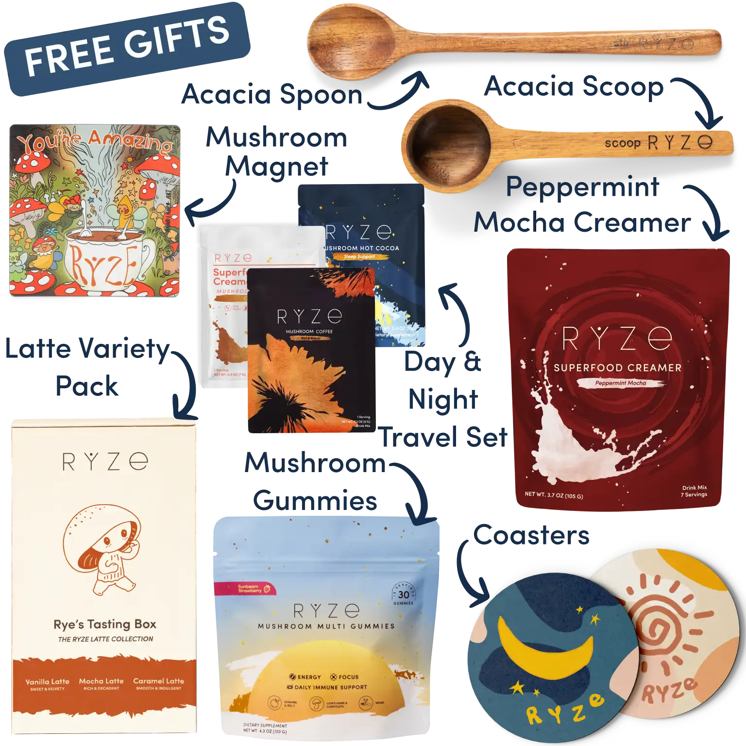 Collection of Ryze products including hot cocoa, wooden utensils, coasters, and a mushroom-themed magnet.