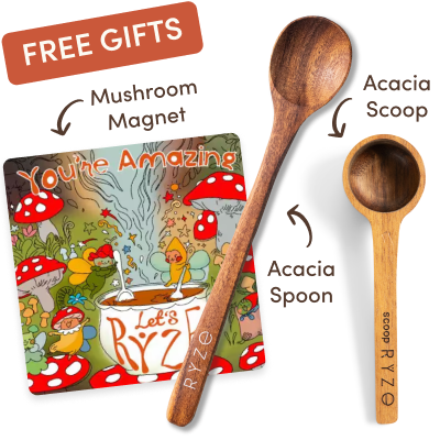 Wooden acacia scoop and spoon with a colorful mushroom-themed magnet.