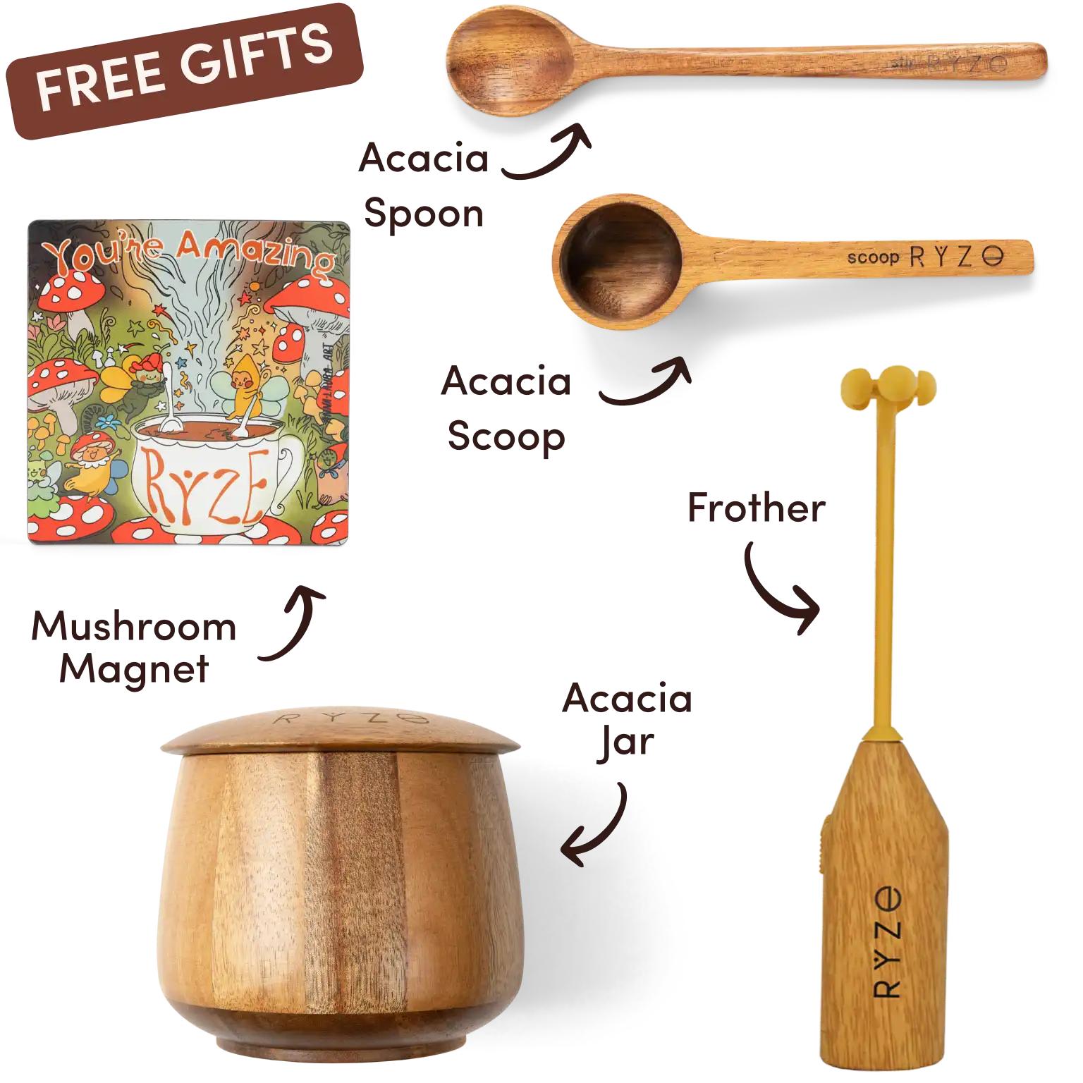 Ryze superfood creamer, acacia spoon, scoop, jar, mushroom magnet, and recipe booklet with 'Free Gifts' label.