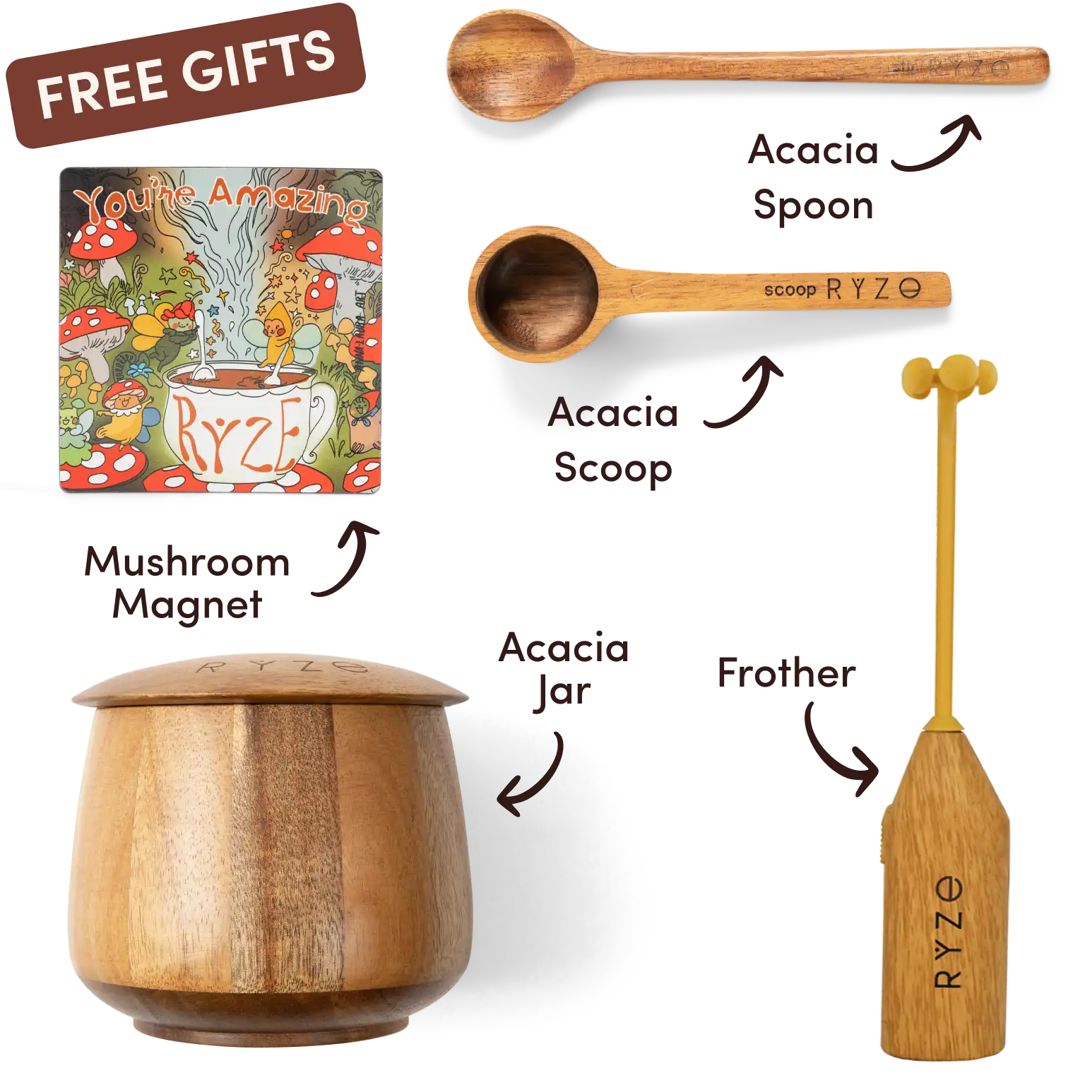 Ryze superfood creamer, acacia spoon, scoop, jar, mushroom magnet, and recipe booklet with 'Free Gifts' label.