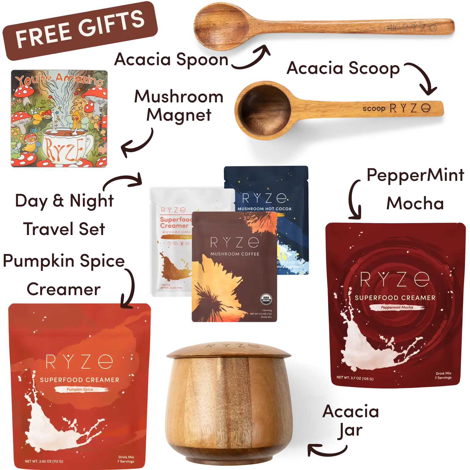 Ryze superfood creamer, acacia spoon, scoop, jar, mushroom magnet, and recipe booklet with 'Free Gifts' label.