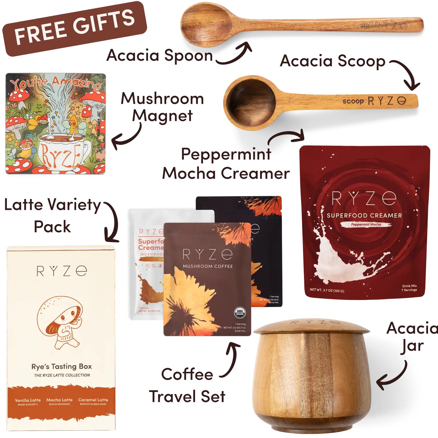 Ryze superfood creamer, acacia spoon, scoop, jar, mushroom magnet, and recipe booklet with 'Free Gifts' label.