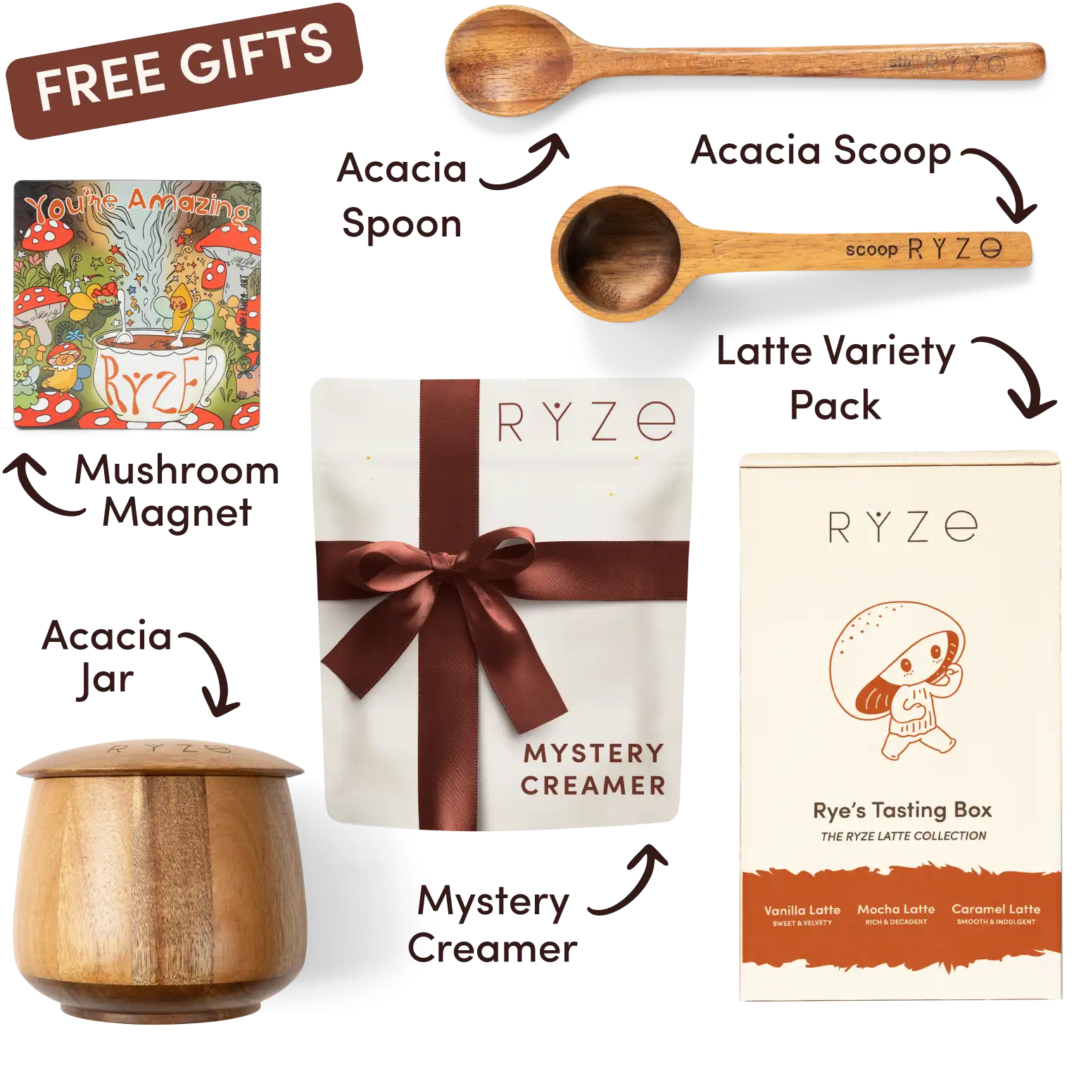 Ryze superfood creamer, acacia spoon, scoop, jar, mushroom magnet, and recipe booklet with 'Free Gifts' label.