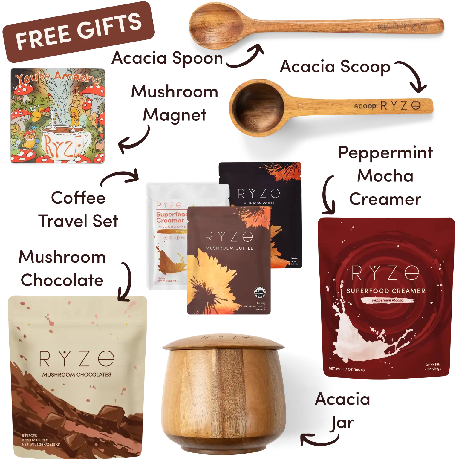Ryze superfood creamer, acacia spoon, scoop, jar, mushroom magnet, and recipe booklet with 'Free Gifts' label.