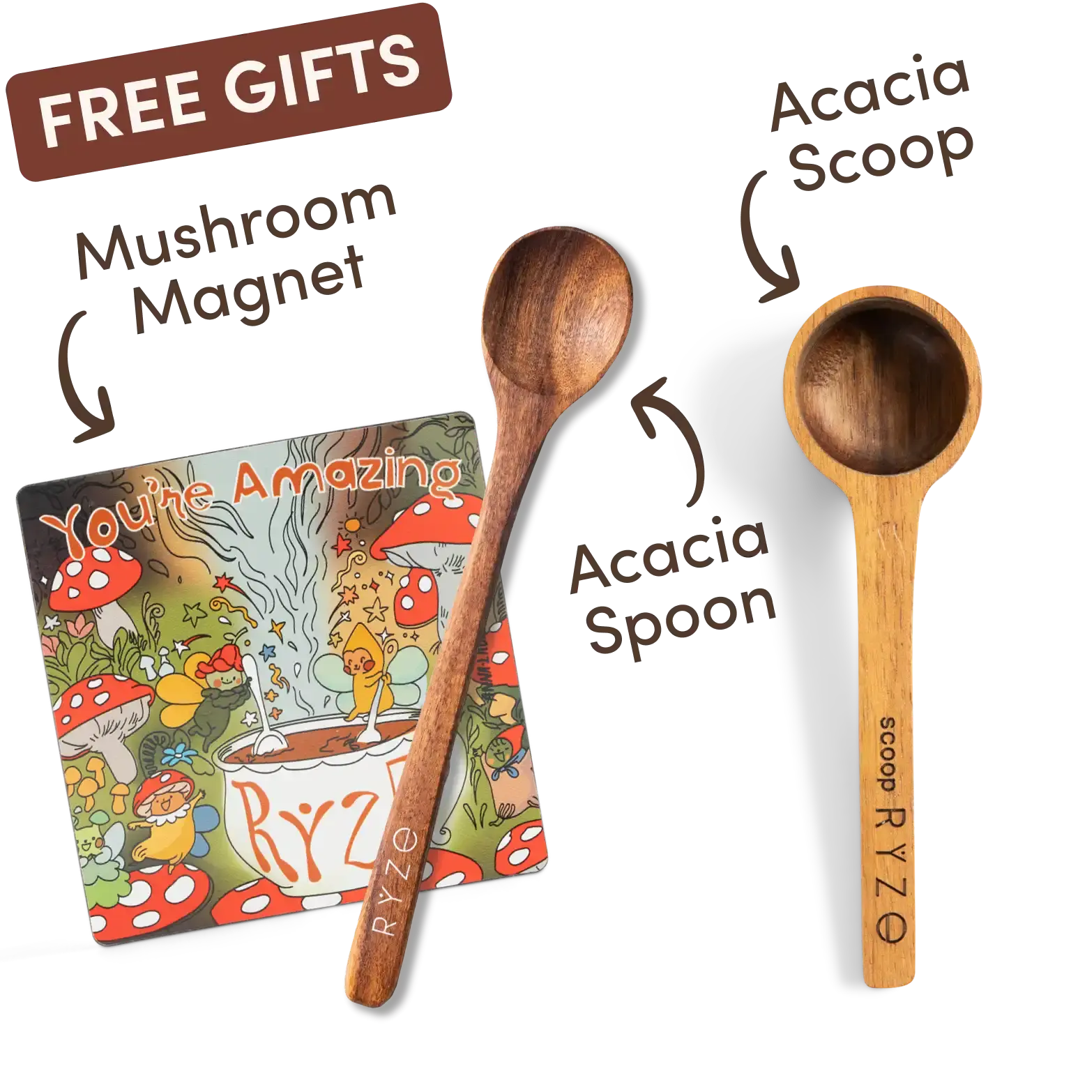 Wooden acacia scoop and spoon with a colorful mushroom-themed magnet.