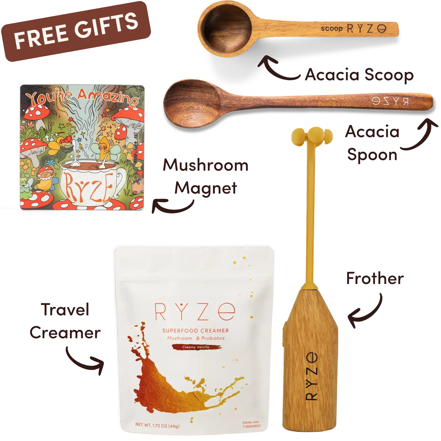 Ryze superfood creamer, acacia spoon, scoop, jar, mushroom magnet, and recipe booklet with 'Free Gifts' label.