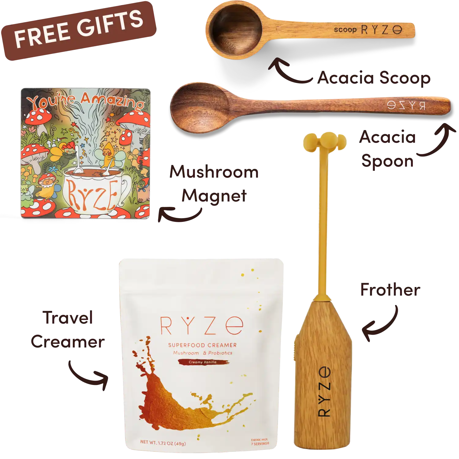 Ryze superfood creamer, acacia spoon, scoop, jar, mushroom magnet, and recipe booklet with 'Free Gifts' label.