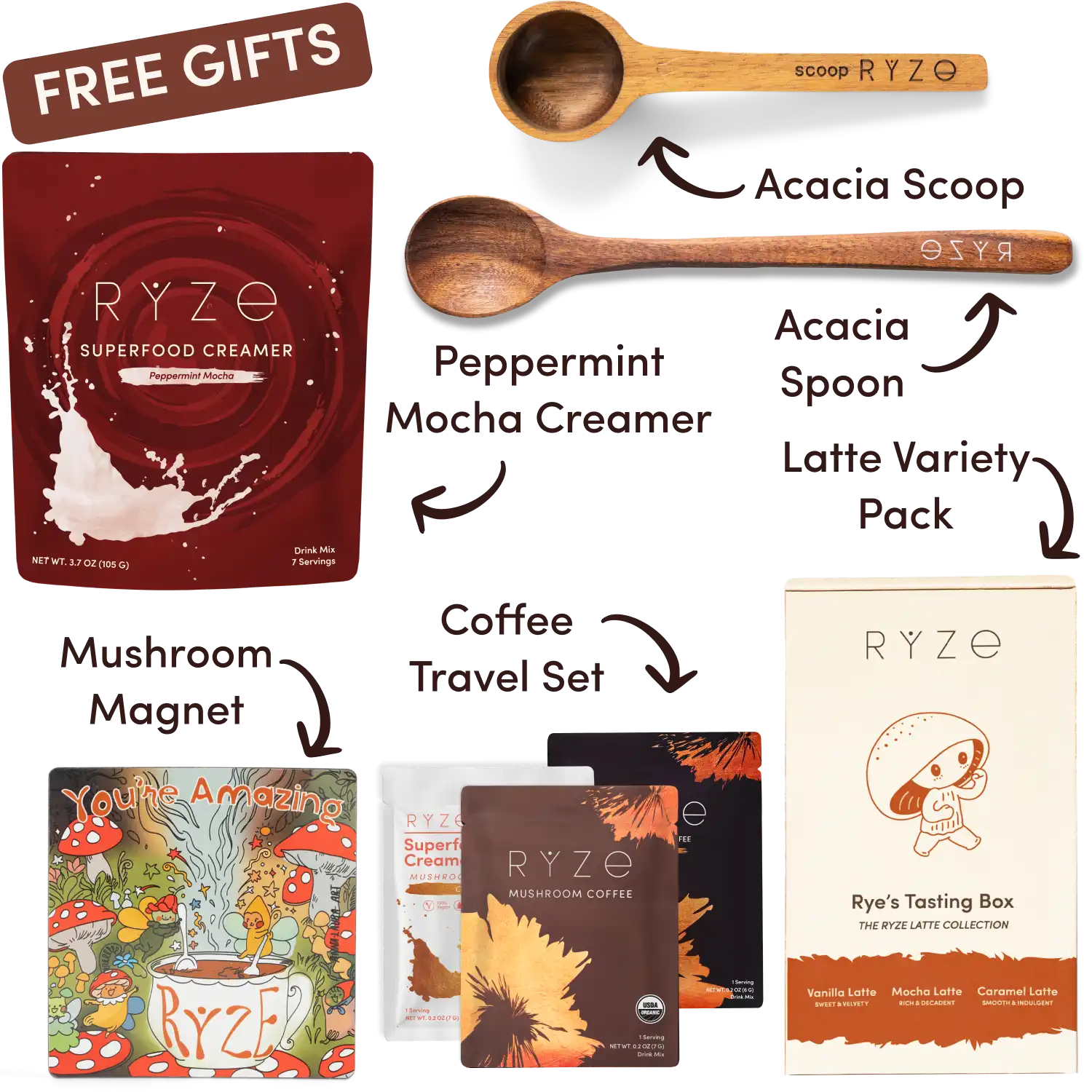 Ryze superfood creamer, acacia spoon, scoop, jar, mushroom magnet, and recipe booklet with 'Free Gifts' label.