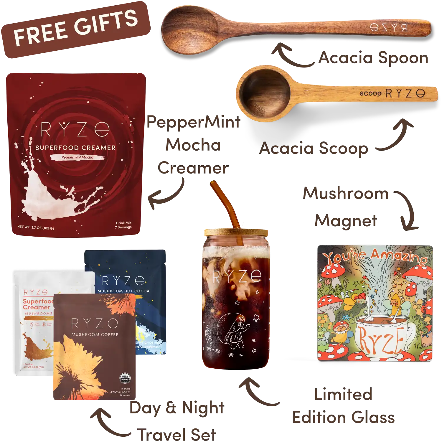 Ryze superfood creamer, acacia spoon, scoop, jar, mushroom magnet, and recipe booklet with 'Free Gifts' label.