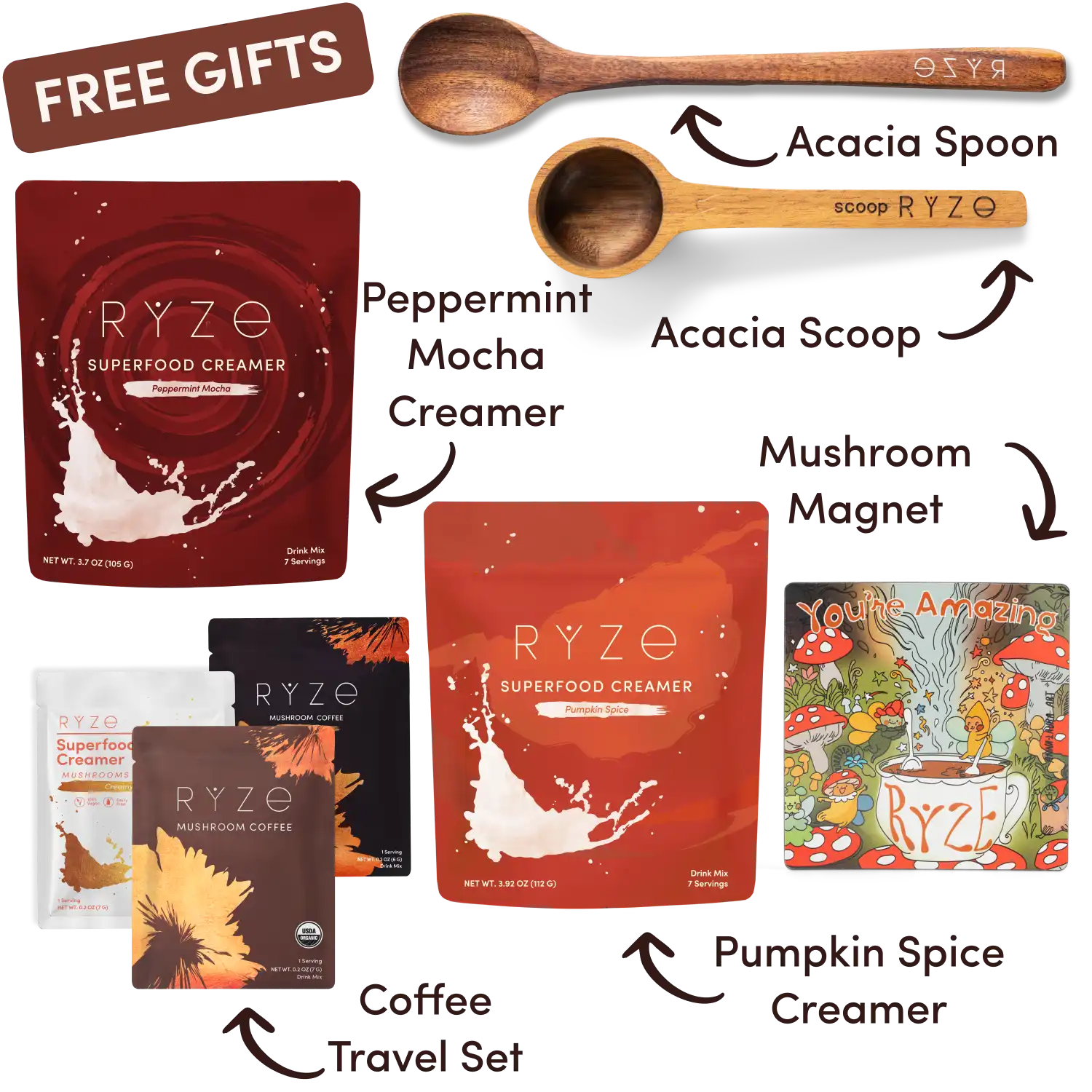 Ryze superfood creamer, acacia spoon, scoop, jar, mushroom magnet, and recipe booklet with 'Free Gifts' label.