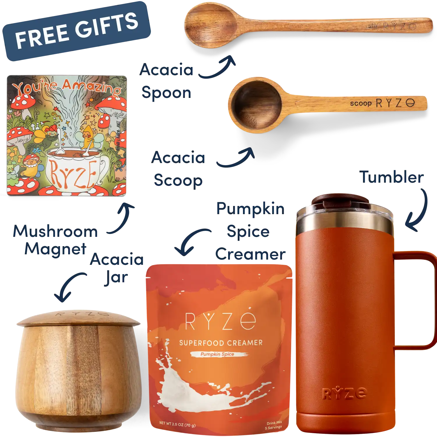 Collection of Ryze products including cocoa, spoon, scoop, coasters, and a mushroom-themed magnet.