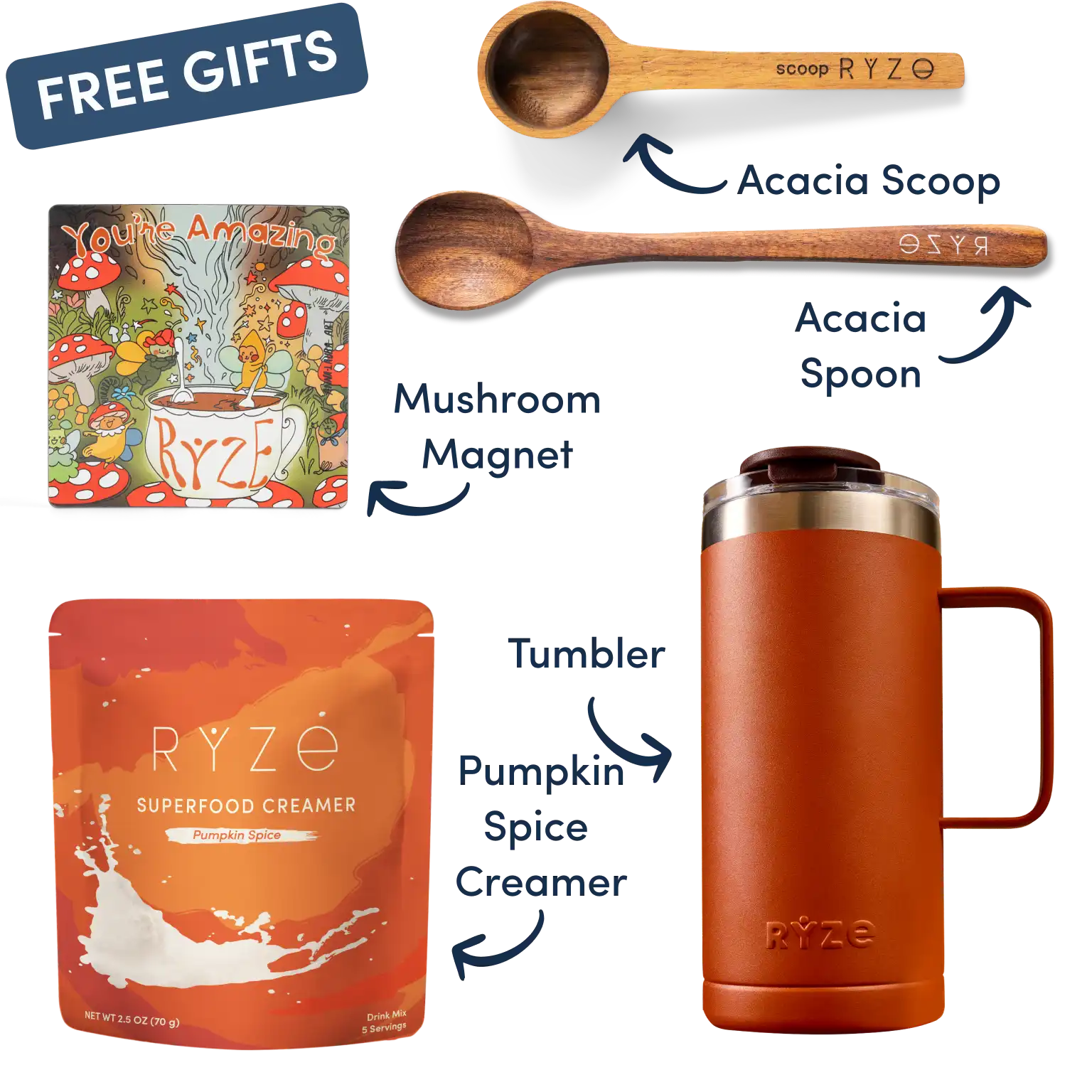Collection of Ryze products including hot cocoa, wooden utensils, coasters, and a mushroom-themed magnet.