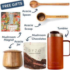 A promotional collage showing a bundle of RYZE-branded gift items: an acacia spoon, acacia scoop, mushroom magnet, acacia jar, mushroom chocolates in a pouch, and an orange-brown insulated tumbler. Arrows and labels identify each item, with a 'FREE GIFTS' banner at the top.