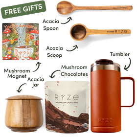 A gift set collage showing multiple RYZE-branded items: two wooden acacia spoons, a mushroom magnet and acacia jar, a pouch of mushroom chocolates, and an orange insulated tumbler, with labels and a 'FREE GIFTS' banner on a white background.