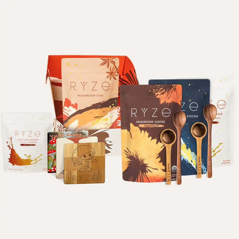 Collection of RYZé products including packaging and wooden items on a white background