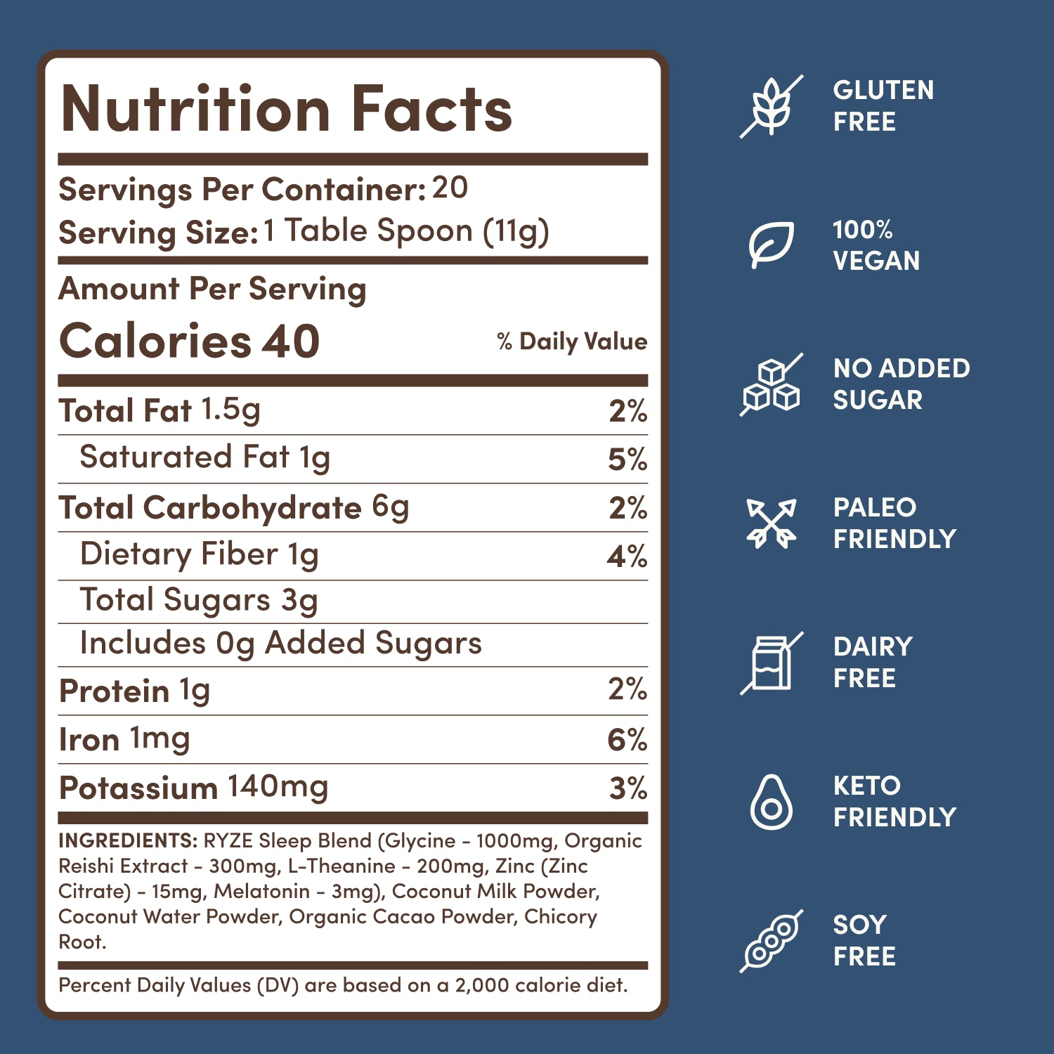 Nutrition facts label with health benefits on a blue background