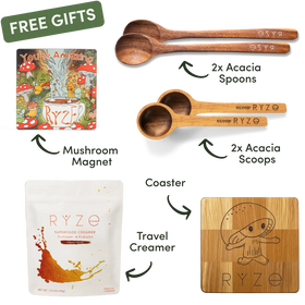 Collection of RYZé products including acacia spoons, mushroom magnet, coaster, travel creamer, and packaging on a white background.
