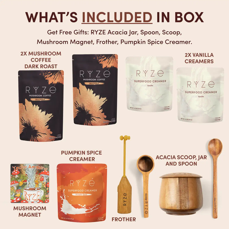 An infographic titled 'WHAT'S INCLUDED IN BOX' showing the contents of a RYZE coffee gift set on a light beige background. The set includes two dark roast coffee pouches, two vanilla creamer pouches, a mushroom magnet, a pumpkin spice creamer pouch, a wooden acacia scoop, a wooden frother, and a wooden spoon, with text labels pointing to each item.