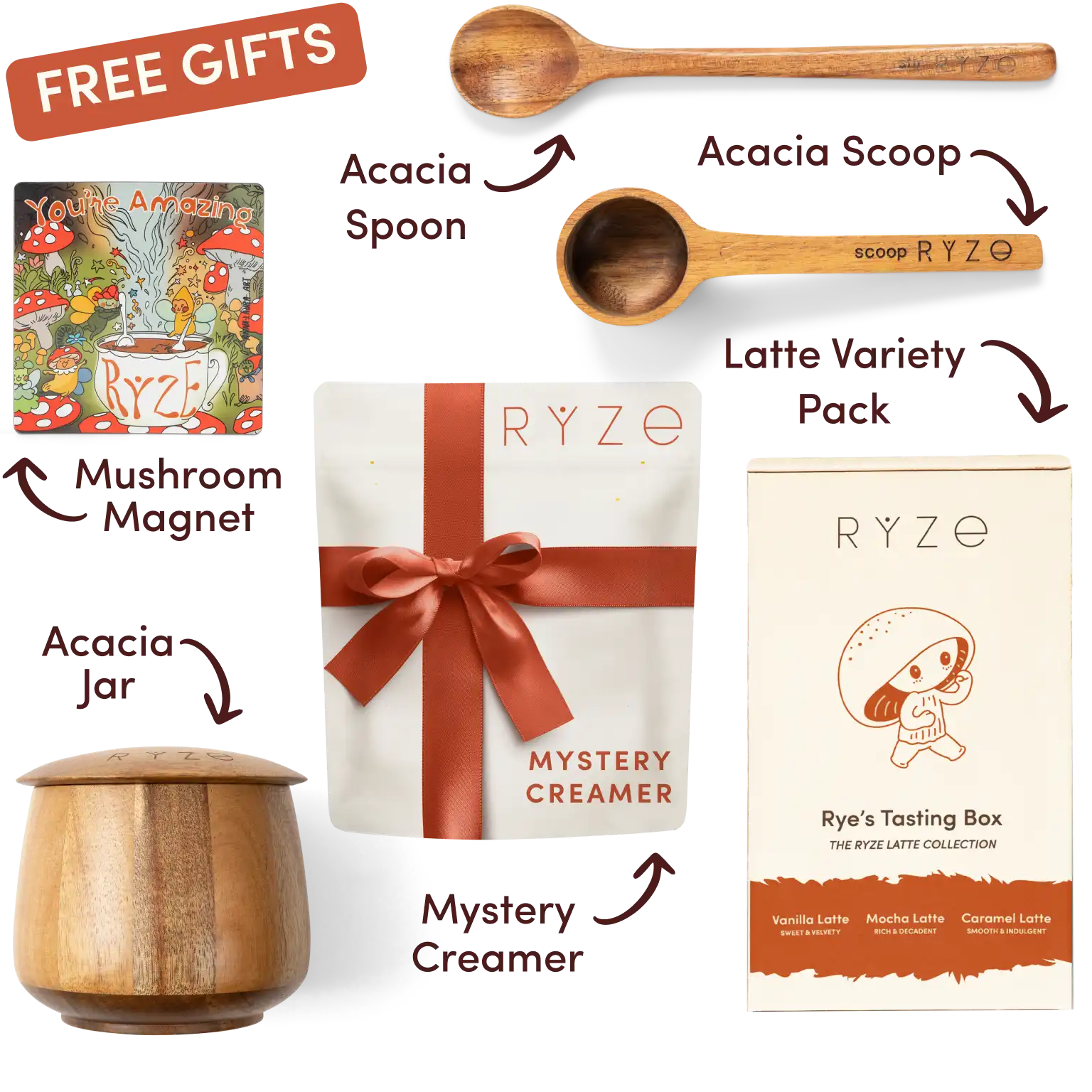 Ryze superfood creamer, acacia spoon, scoop, jar, mushroom magnet, and recipe booklet with 'Free Gifts' label.