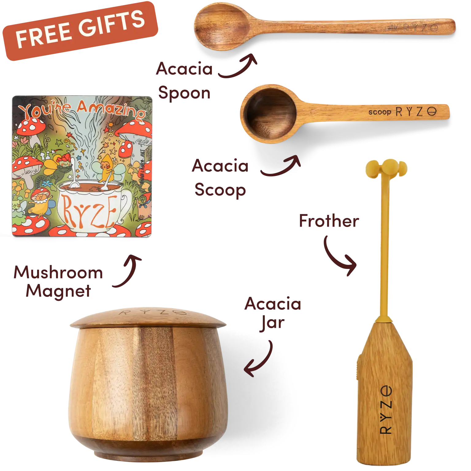 Ryze superfood creamer, acacia spoon, scoop, jar, mushroom magnet, and recipe booklet with 'Free Gifts' label.