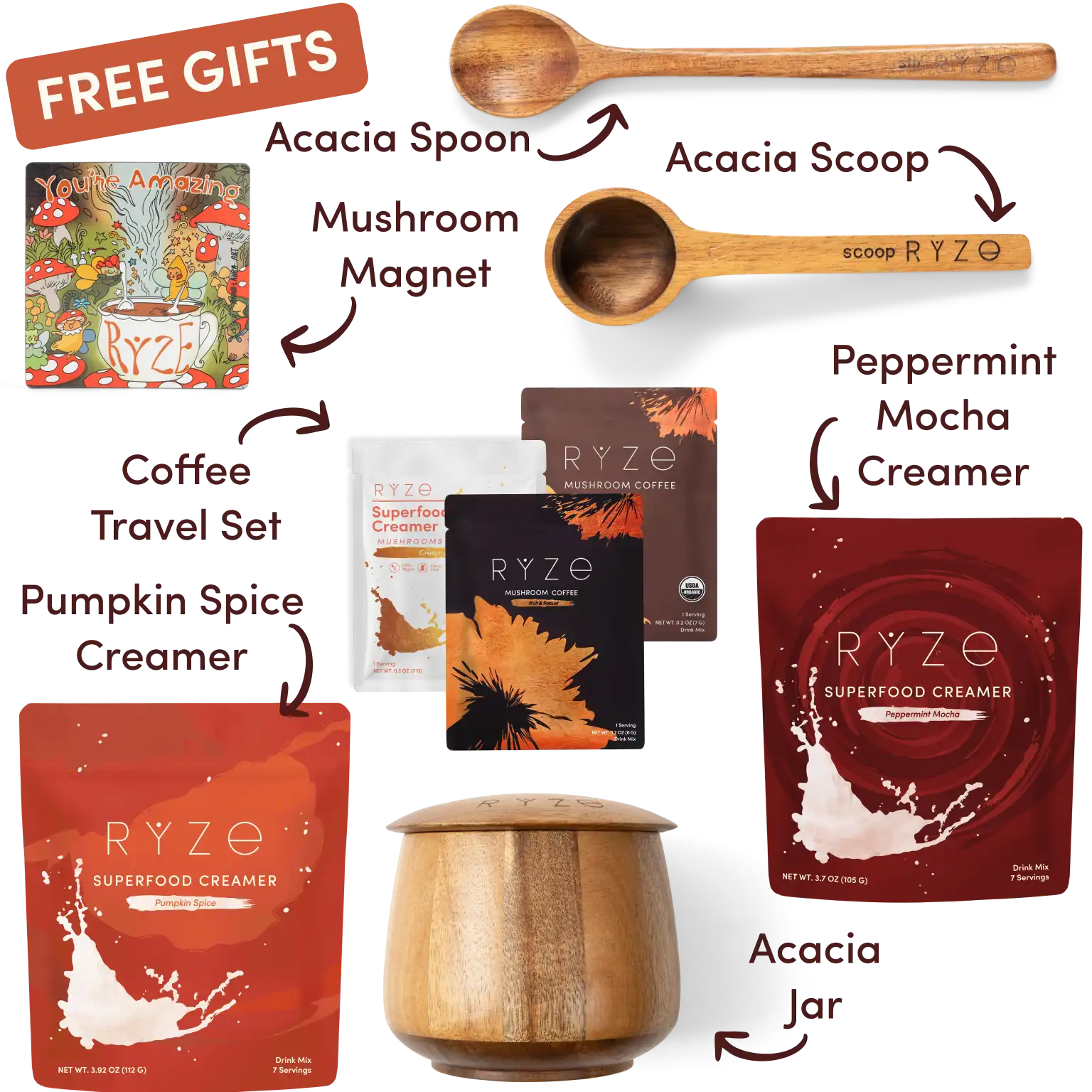 Ryze superfood creamer, acacia spoon, scoop, jar, mushroom magnet, and recipe booklet with 'Free Gifts' label.