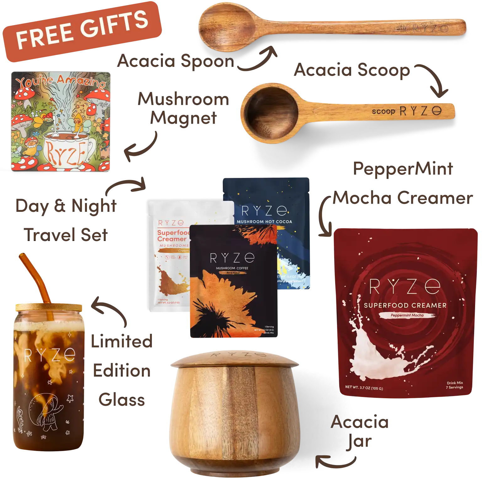 Ryze superfood creamer, acacia spoon, scoop, jar, mushroom magnet, and recipe booklet with 'Free Gifts' label.