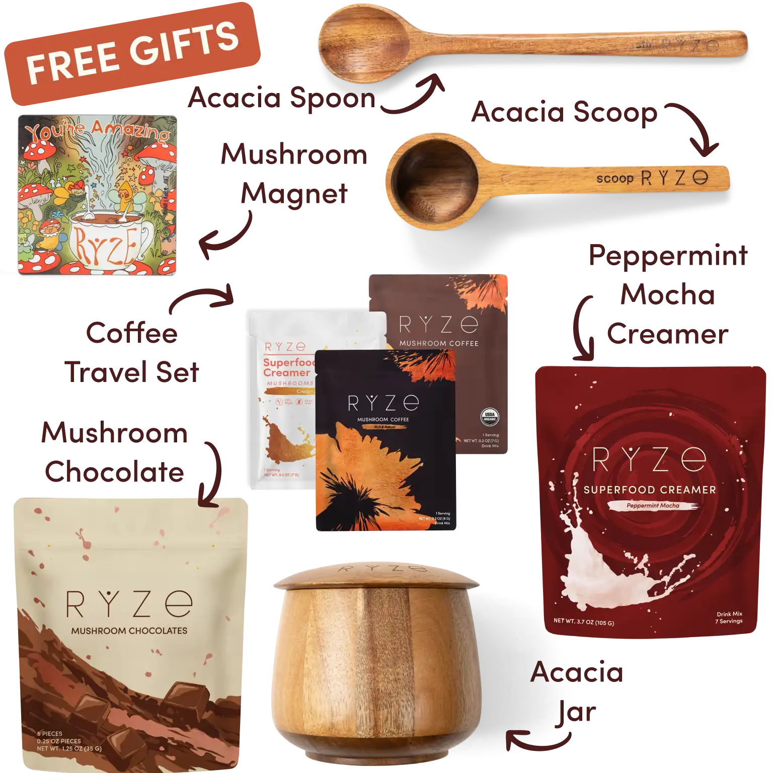 Ryze superfood creamer, acacia spoon, scoop, jar, mushroom magnet, and recipe booklet with 'Free Gifts' label.