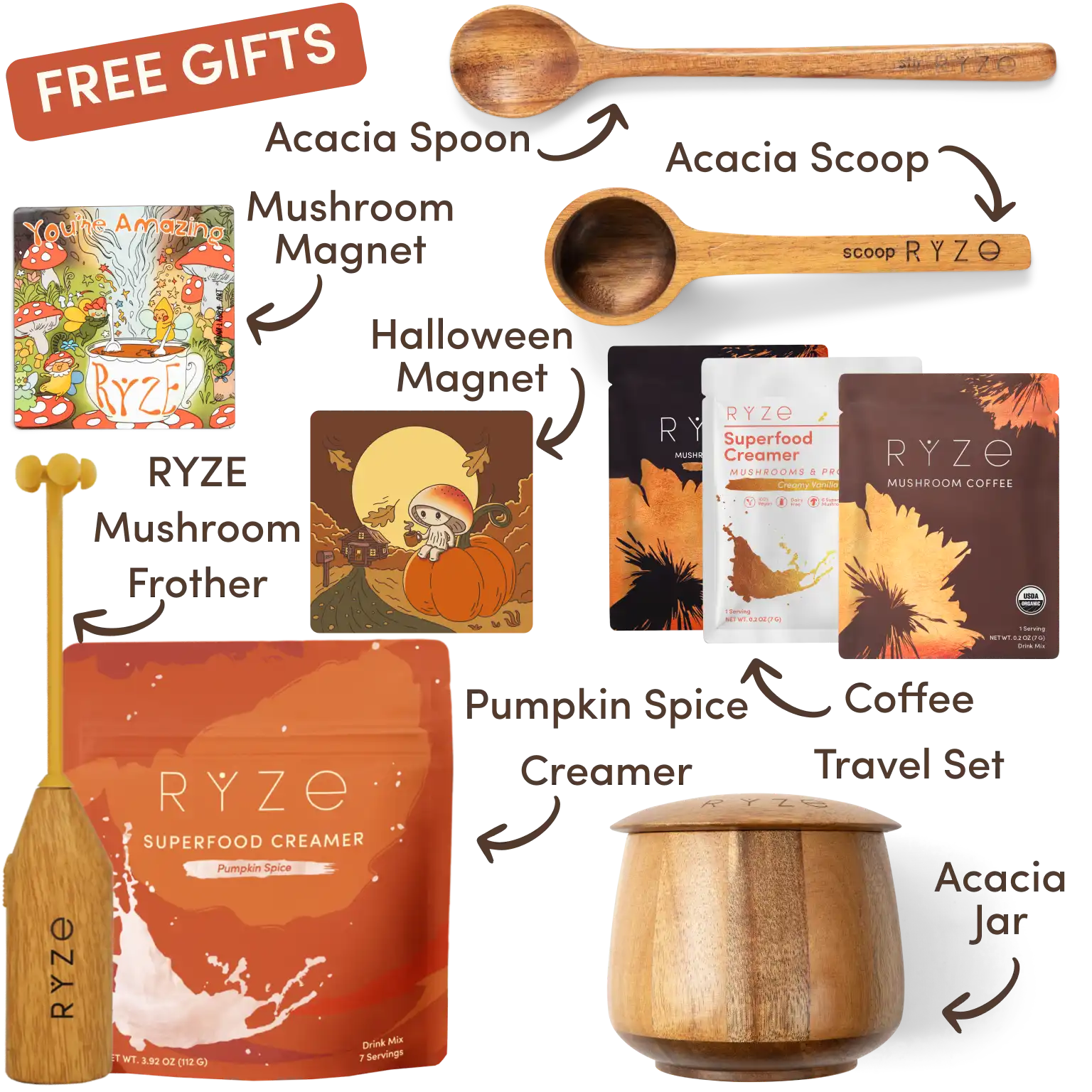 Ryze superfood creamer, acacia spoon, scoop, jar, mushroom magnet, and recipe booklet with 'Free Gifts' label.