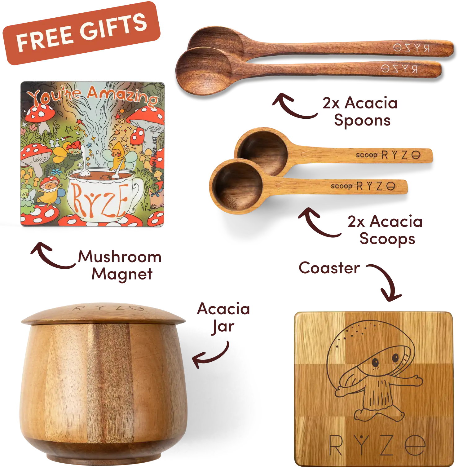 Ryze superfood creamer, acacia spoon, scoop, jar, mushroom magnet, and recipe booklet with 'Free Gifts' label.