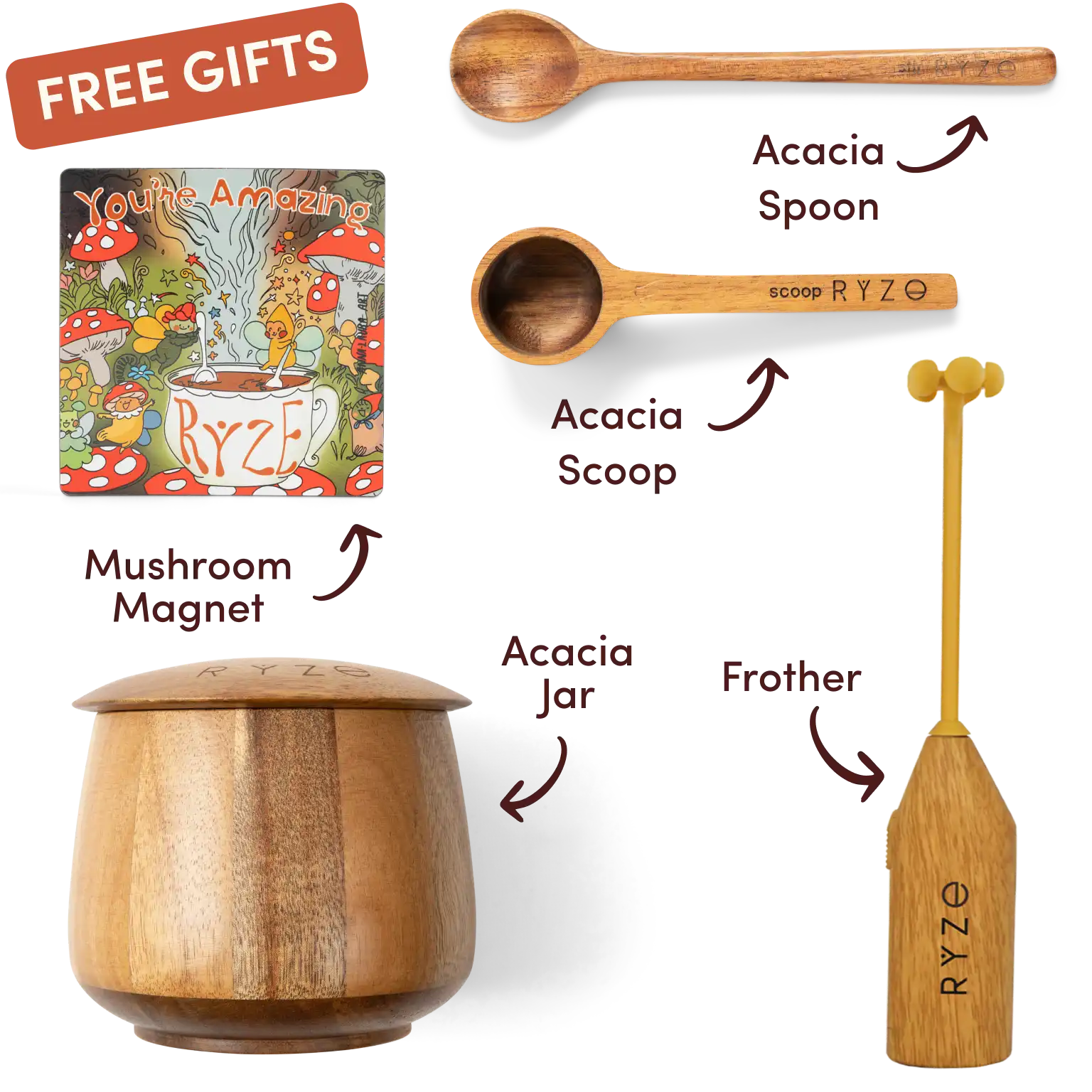 Ryze superfood creamer, acacia spoon, scoop, jar, mushroom magnet, and recipe booklet with 'Free Gifts' label.